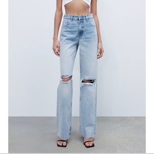 Zara Wide Leg Full Length Ripped Jeans Light-wash